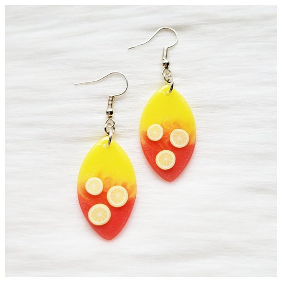 Strawberry Lemonade Earrings Yellow and Pinkish Red Lemon Dangle Earrings - Picture 4 of 10